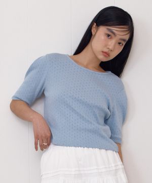 EYELET PUFF SLEEVE T-SHIRT_SKY BLUE