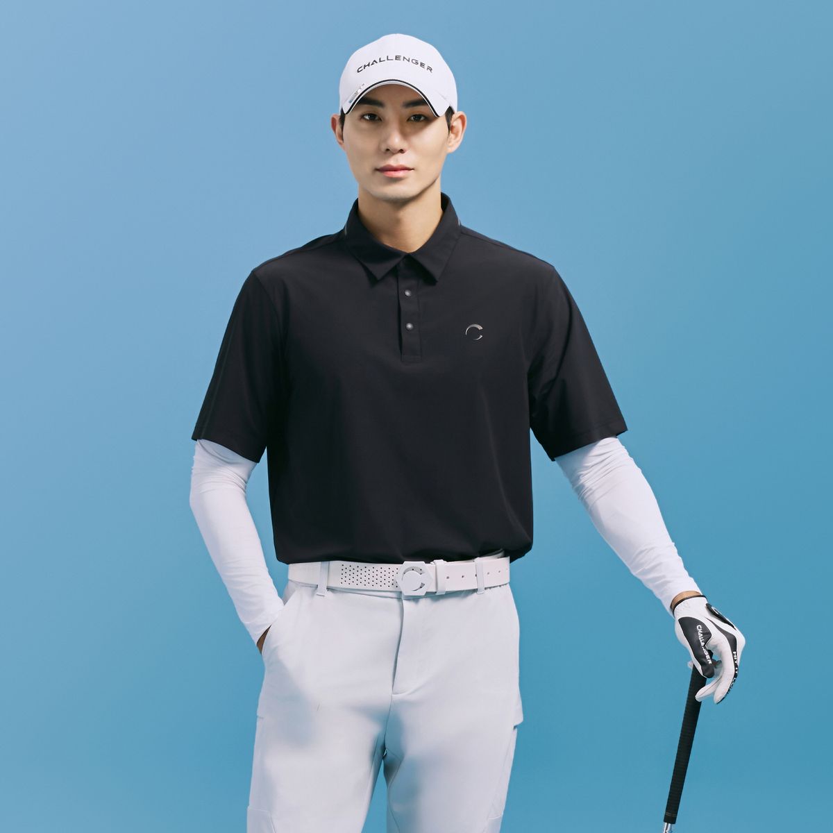 챌린저(CHALLENGER) 남성 넥배색 냉감소매 카라 긴팔 썬가드 티셔츠 블랙