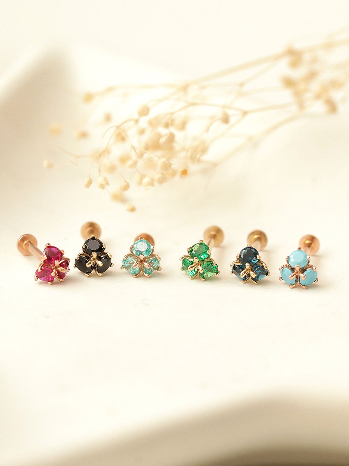 미니멀피어싱(MINIMALPIERCING) 14K 인터널 컬러풀 삼각 큐빅 플라워 라블렛 피어싱