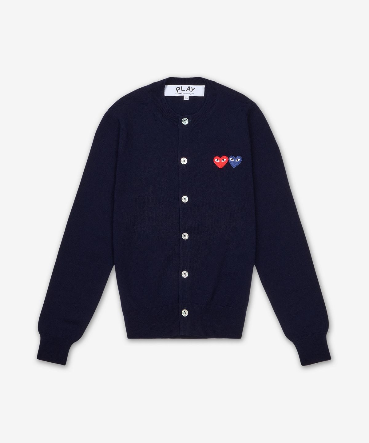 꼼데가르송 플레이(COMME DES GARCONS PLAY) 더블 하트 엠블럼 라운드넥 가디건 - 네이비 / AXN0570512