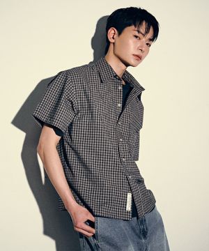 UNISEX 크롭 체크 반팔 셔츠-블랙