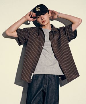 카브라 스트라이프 반팔 셔츠-브라운