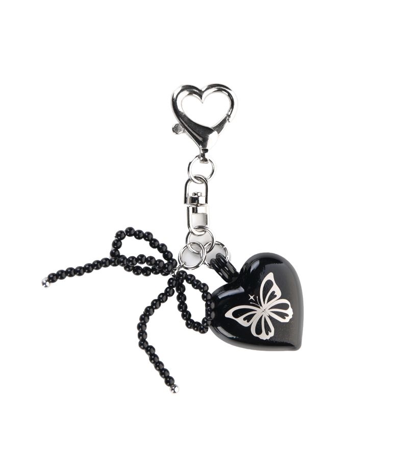 HEART BUTTERFLY LOGO PEARL RIBBON KEYRING_BLACK