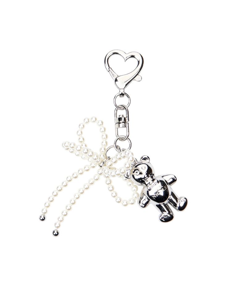 [베베 착용] TEDDY BEAR LOGO PEARL RIBBON KEYRING_SILVER