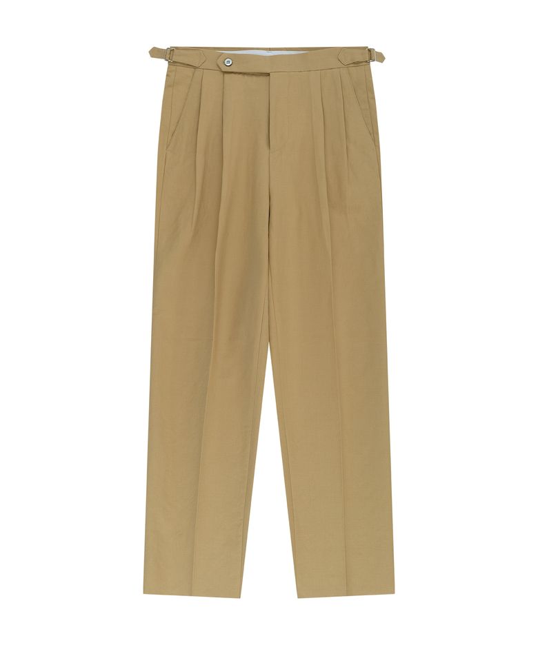 Linen / Cotton Double Pleats relaxed Chino Pants (Beige)