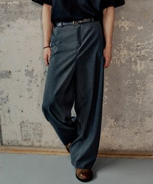 스트라이프 하프밴딩  와이드 커브 슬랙스 - 그레이