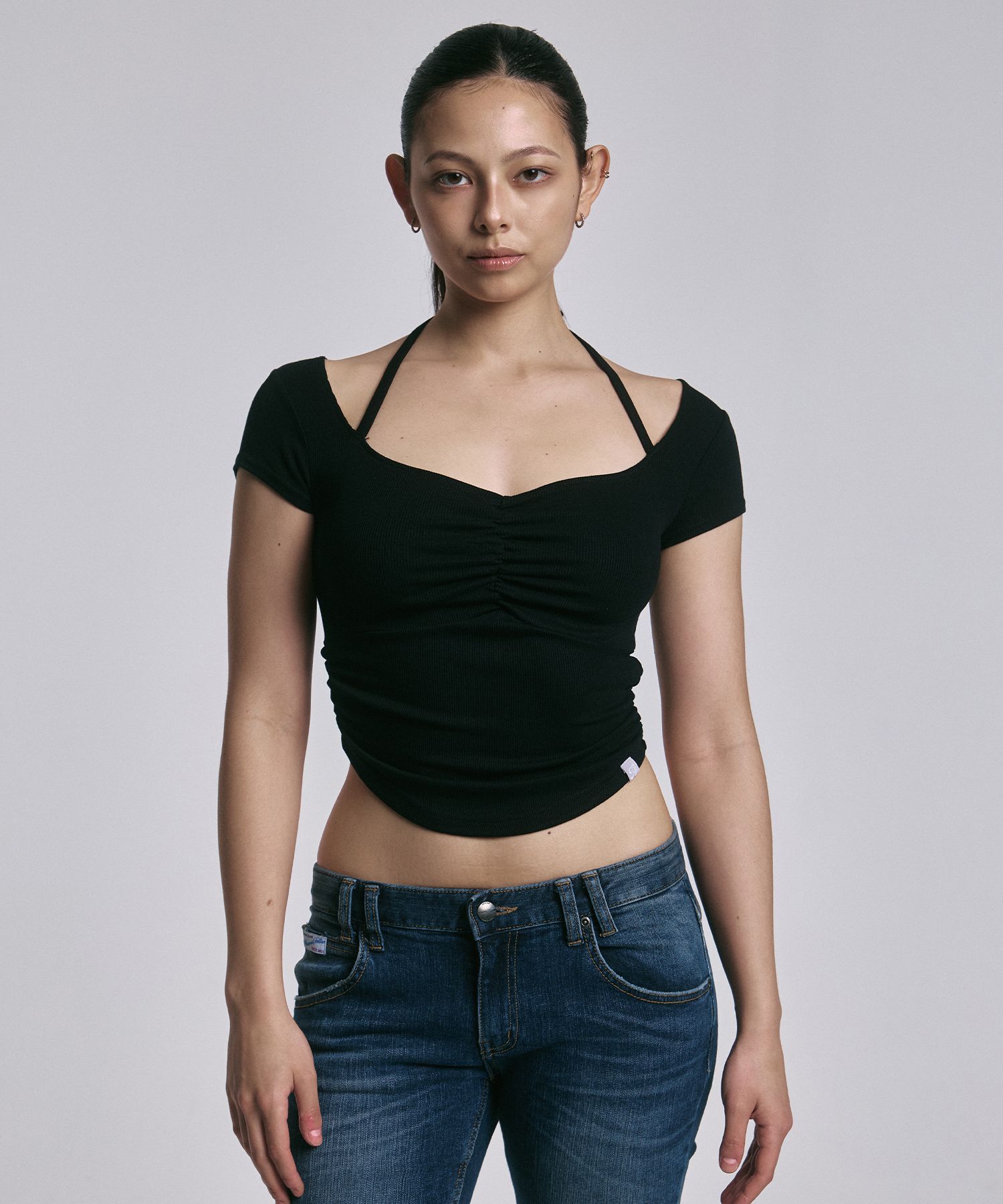 MUSINSA | PLEASENOFOLLOW Jiselle Strap Shirring Top (Short ver.) (Black)