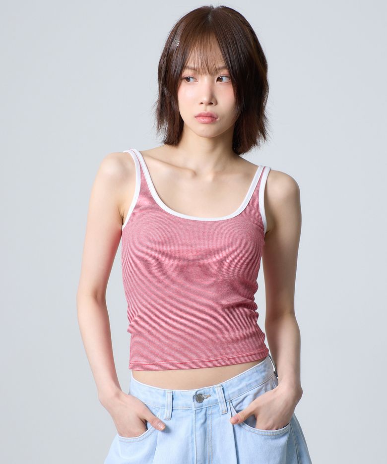 배색 스트라이프 나시탑 레드