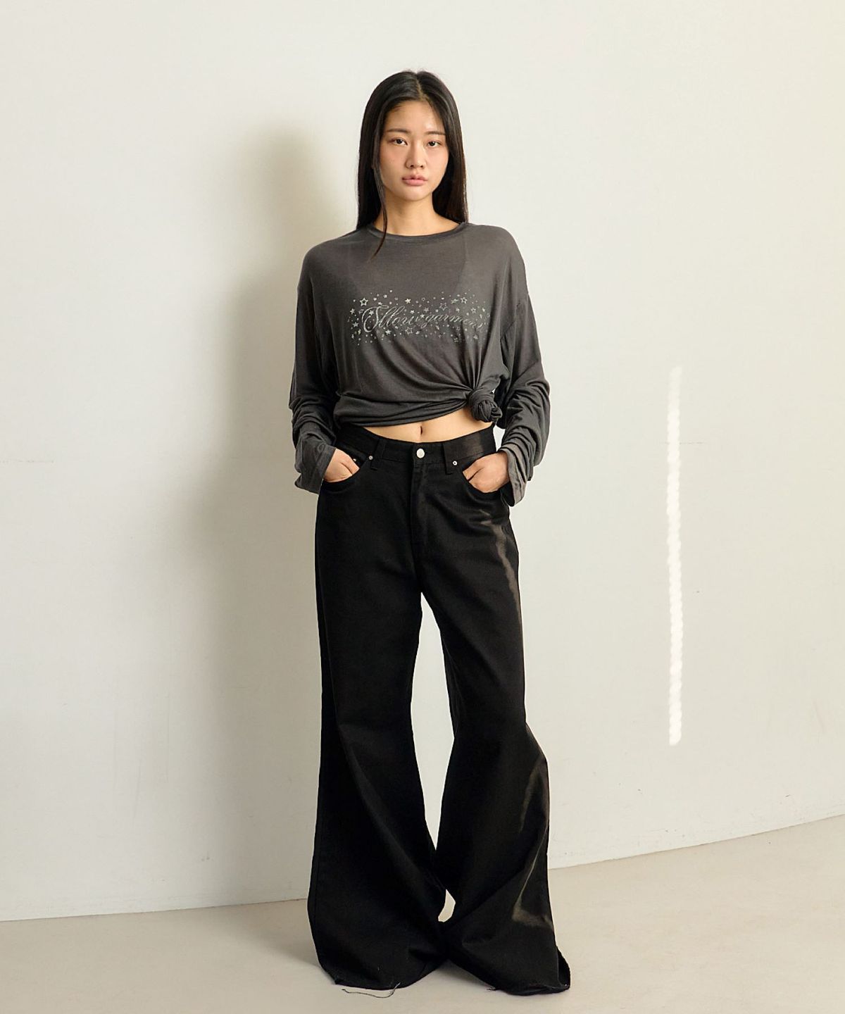 슬로우가먼츠(SLLOW GARMENTS) SHEER OVERSIZED LETTERING TEE GRAY