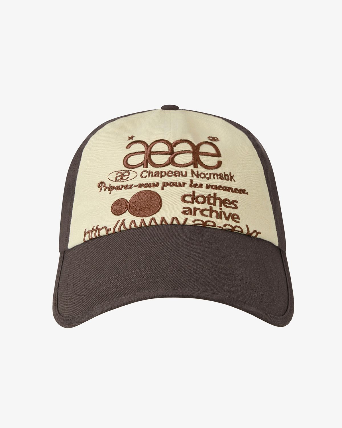 에이이에이이(AEAE) WEB LOGO 5 PANNEL BALL CAP [BROWN/IVORY]