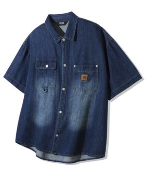 레더 패치 오버핏 워크 데님 반팔 셔츠 [딥 블루]