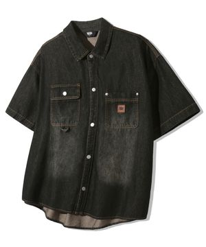 레더 패치 오버핏 워크 데님 반팔 셔츠 [옐로우 블랙]