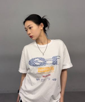 블루 별 데님 ESCF 로고 콜라주 프린트 오버핏 반팔티 화이트