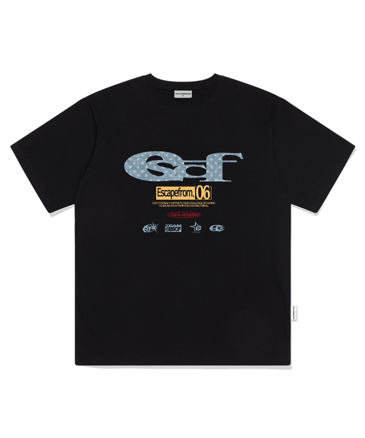 이스케이프프롬(ESCAPEFROM) 블루 별 데님 ESCF 로고 콜라주 프린트 오버핏 반팔티 블랙
