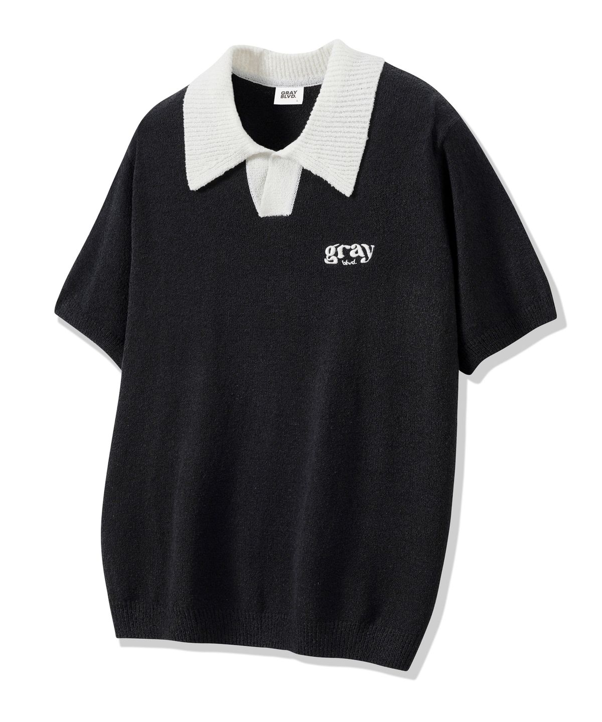 그레이블러밧(GRAYBLVD) 글로우 오픈 카라 니트 반팔 GKBST32 (BLACK)
