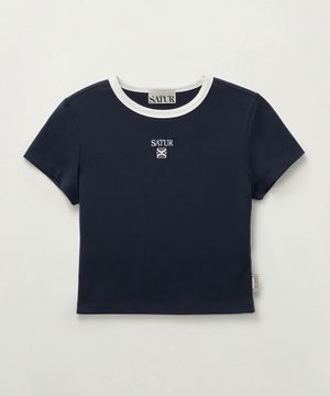 (W) 아페로 크롭 링거 반팔 티셔츠 네이비