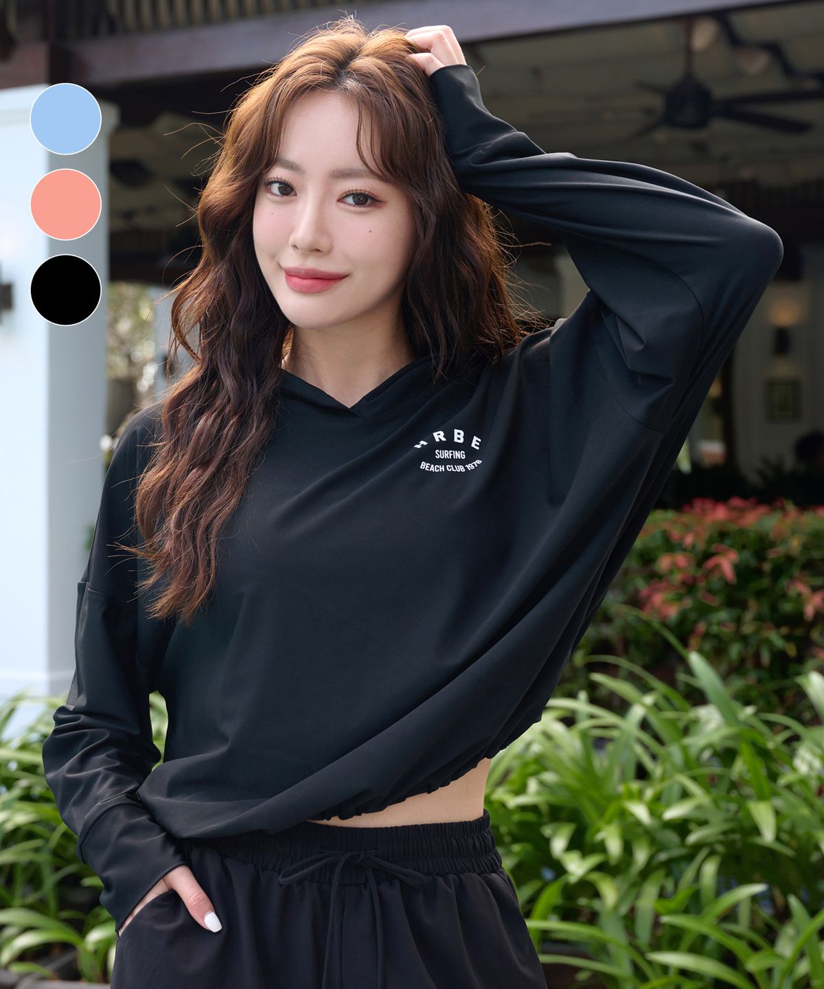 헤링본(HERRINGBONE) 여성 루즈핏 후드 크롭 롱슬리브 래쉬가드 (3color) / RI389W