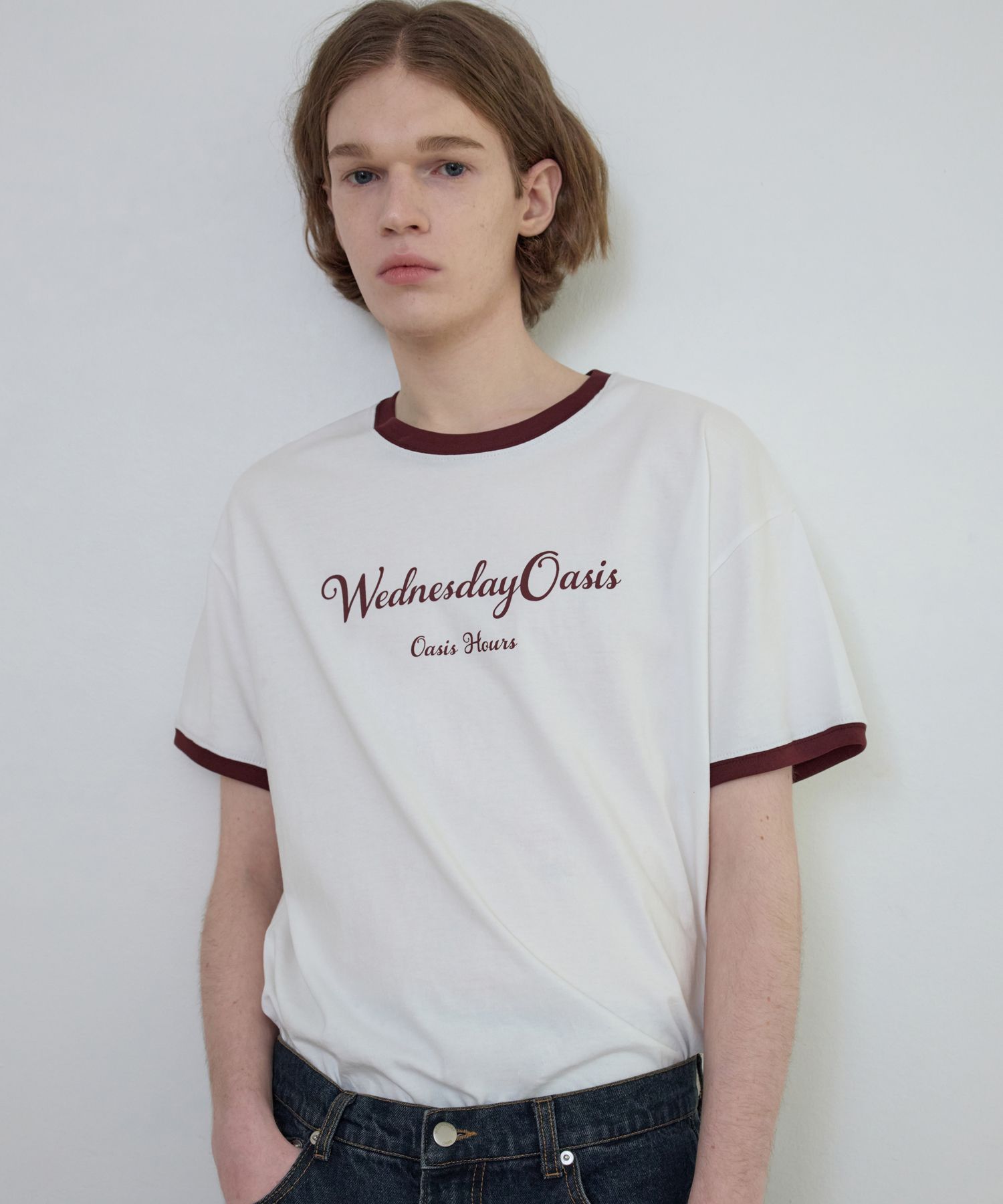 MUSINSA | WEDNESDAY OASIS Oasis Logo Ringer T-Shirt_BURGUNDY(W25-TP20)