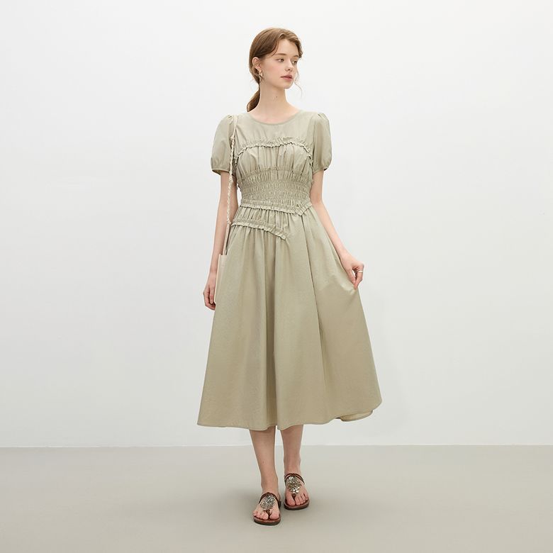 WD_Slim pleated puff sleeve dress_2color