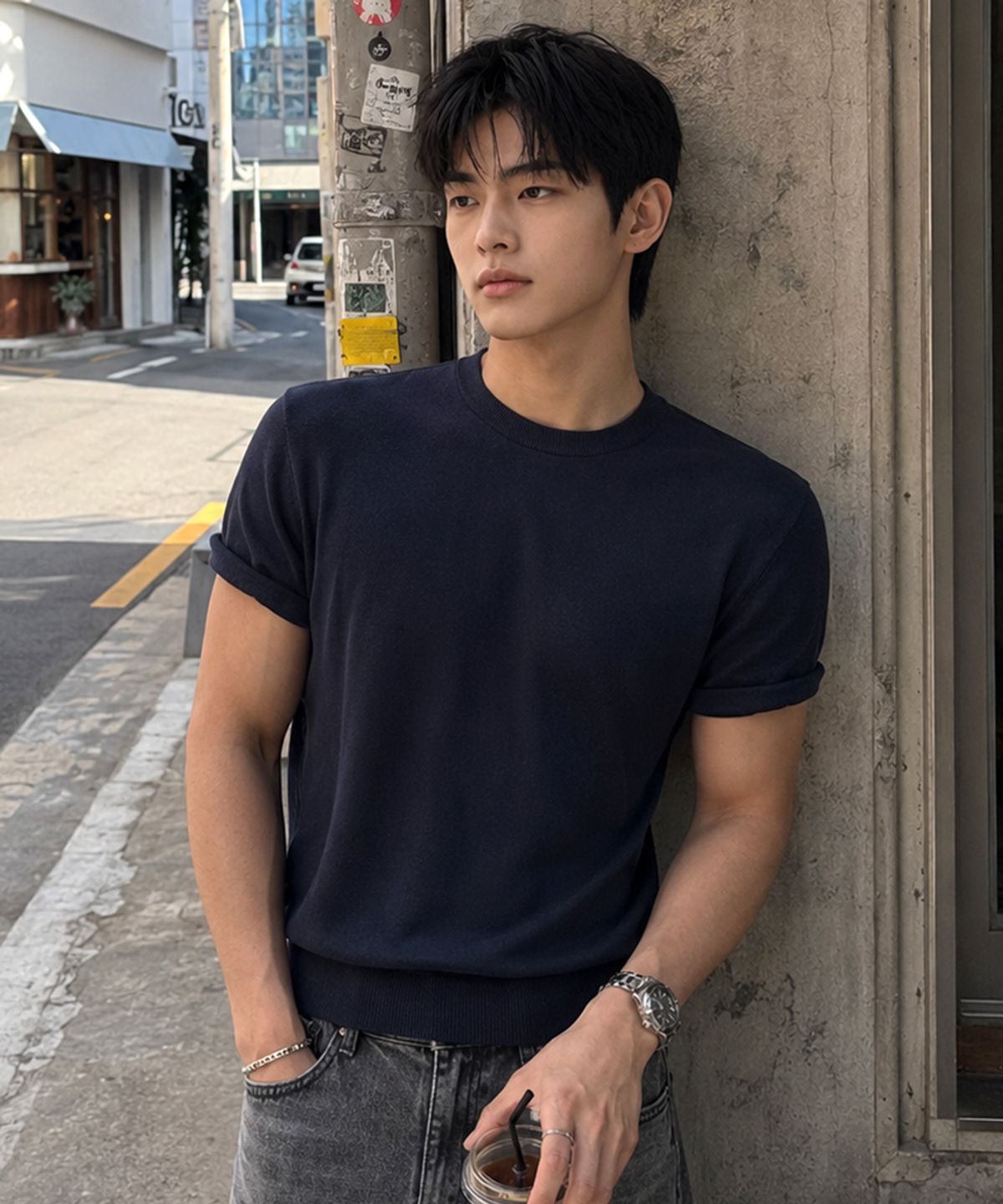 엑스오엑스(XOX) 베이직 쿨 라운드 크롭 반팔 니트 [NAVY]