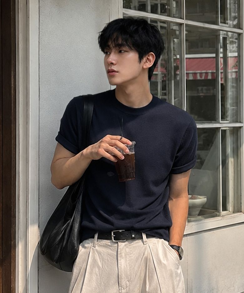 베이직 쿨 라운드 크롭 반팔 니트 [NAVY]