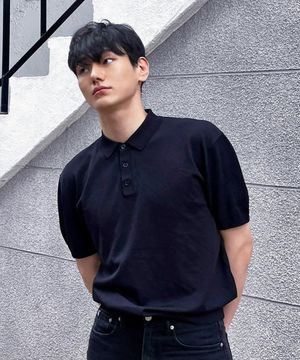 버튼 카라 썸머 쿨 크롭 반팔 니트 [NAVY]