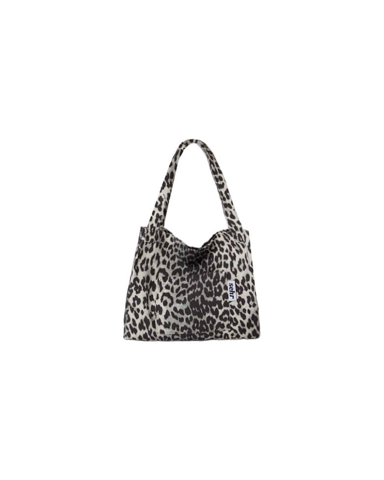 Leopard Twill Cotton Middle Bag (Black)