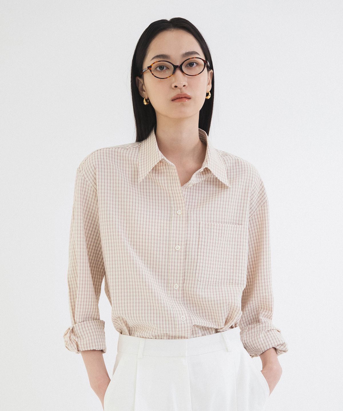 시야쥬(SIYAZU) SITP5197 루즈 핏 시어서커 체크 셔츠_Pink