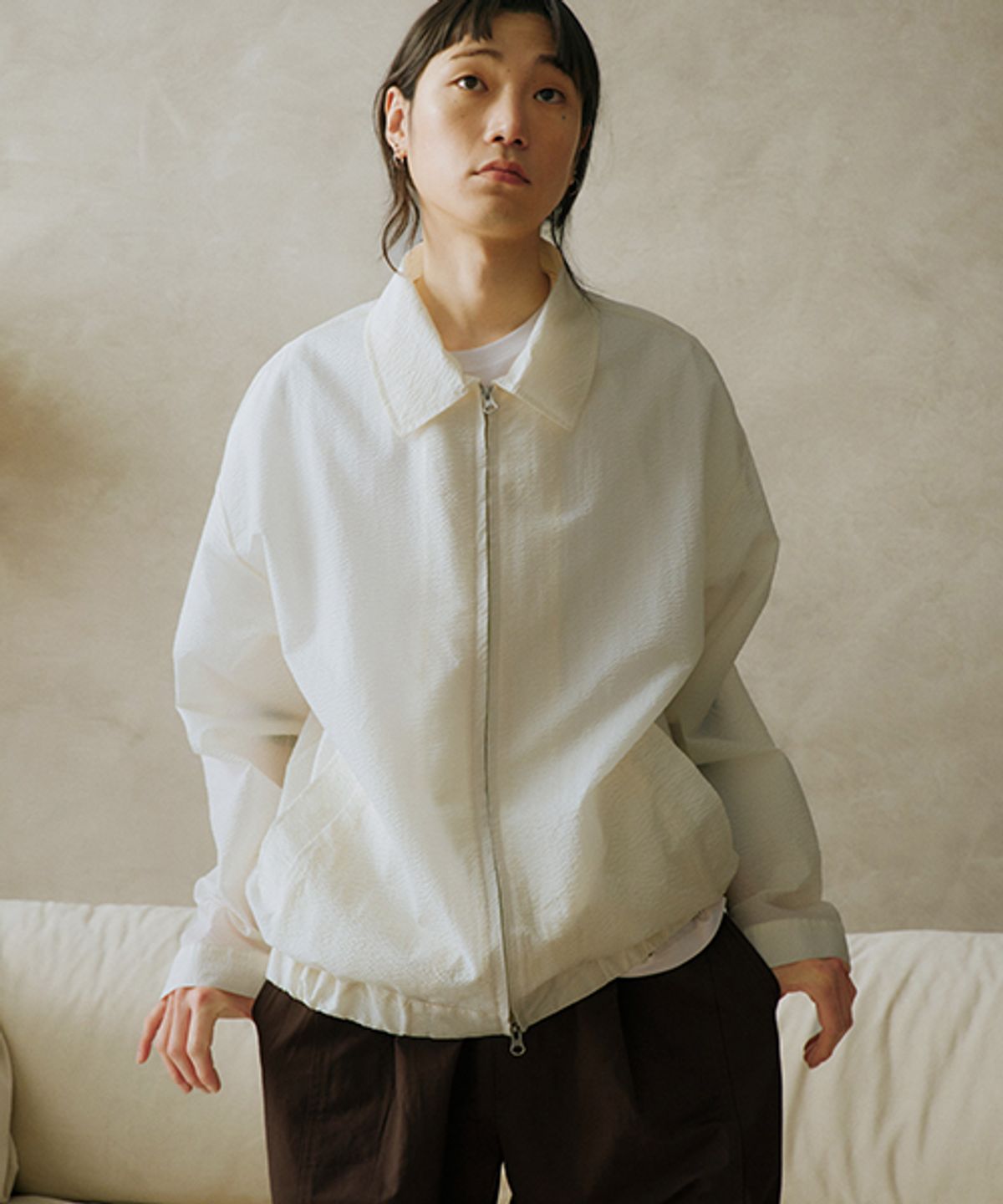 말렌(MALEN) 유니섹스 시스루 블루종 크림