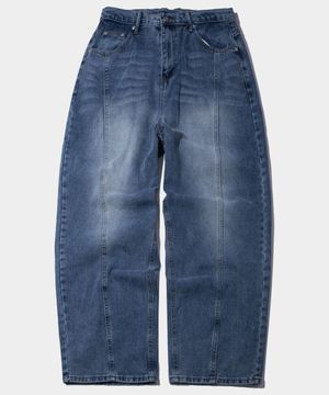 프론트 절개 캣 브러쉬 워싱 스트레이트 히든 벨티드 와이드 데님 팬츠  [중청]