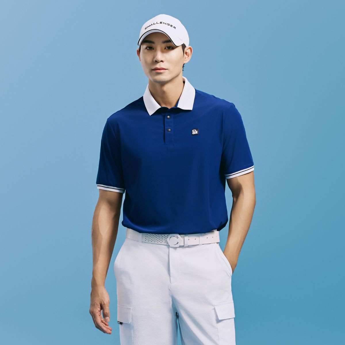 챌린저(CHALLENGER) 남성 에센셜 트리코트 배색 포인트 카라 반팔 티셔츠 다크블루