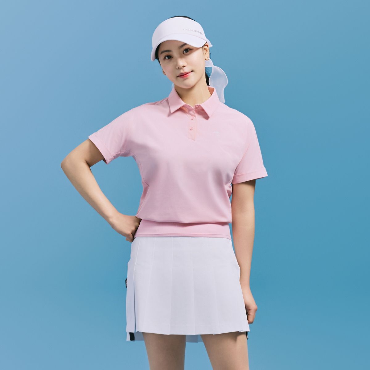챌린저(CHALLENGER) 여성 펀칭 디테일 카라 반팔 우븐탑 핑크