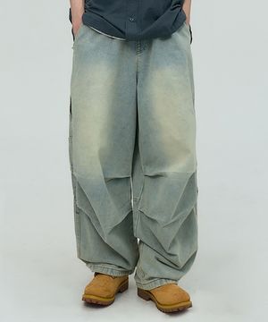 프론트 워시드 밑단 스트링 스윙 벌룬 와이드 데님 밴딩 팬츠 [연청]