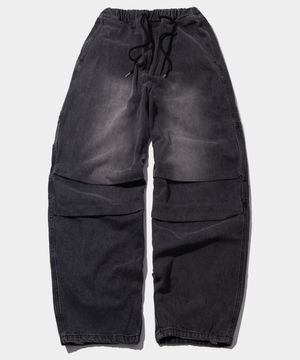 프론트 워시드 밑단 스트링 스윙 벌룬 와이드 데님 밴딩 팬츠 [흑청]