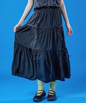 쿨링 냉장고 밴딩 리본 마몽 주름 플레어 롱스커트 [BLACK] 롱치마 KCL.