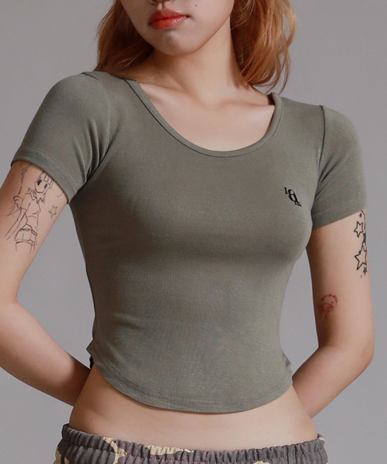 U넥 라운드컷 하프 티셔츠_카키