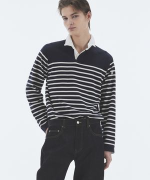 WIRE STRIPE RUGBY LONG SLEEVE T-SHIRT NAVY