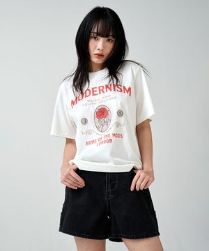 우먼 로즈 그래픽 피그먼트 반팔티셔츠 BPCTS851F