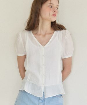 브이넥 핀턱 셔링 블라우스 - 화이트