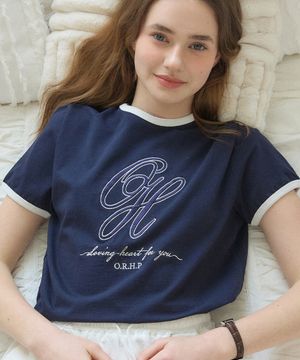 로고 엠브로더리 링거 티셔츠 - 네이비