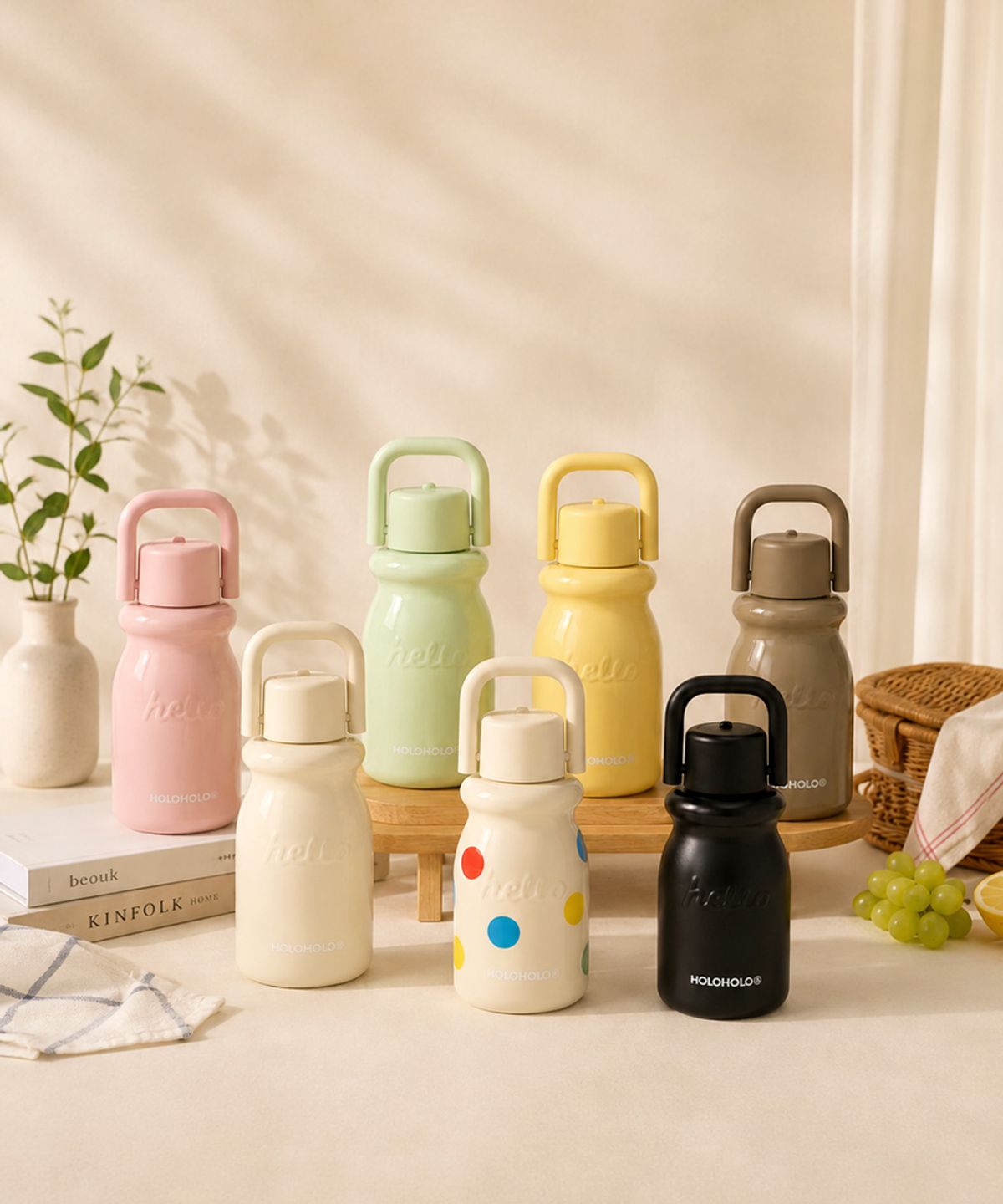 홀로홀로(HOLOHOLO) 밀크 원터치 보온병 텀블러 430ml 아이보리 도트 그린 옐로우 블랙 핑크 코코아 파스텔퍼플 8color