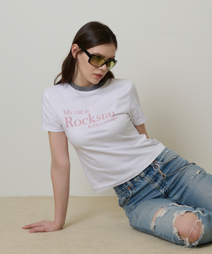 My cat is Rockstar T-shirt (Crop Ver.) (White/Grey)
