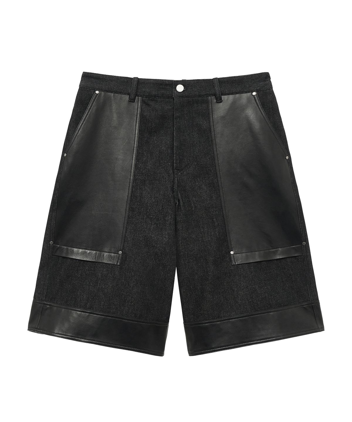 언지미크(UNGIMMICK) LEATHER MIX DENIM BERMUDA SHORTS (BLACK)