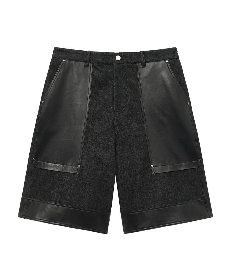LEATHER MIX DENIM BERMUDA SHORTS (BLACK)