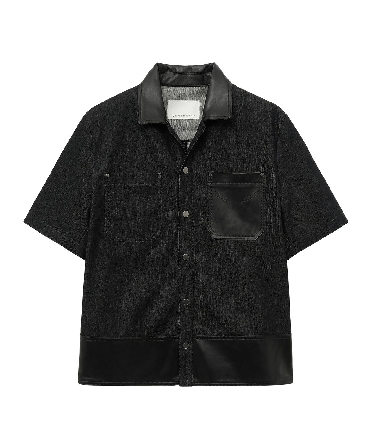 언지미크(UNGIMMICK) LEATHER MIX DENIM SHORT SLEEVE SHIRT (BLACK)