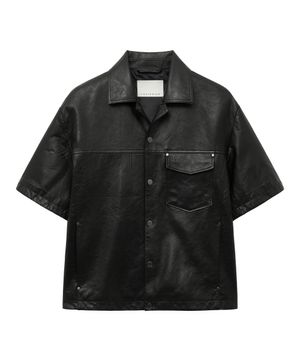 WASHED LEATHER SHORT SLEEVE SHIRT (BLACK / LAMBSKIN)