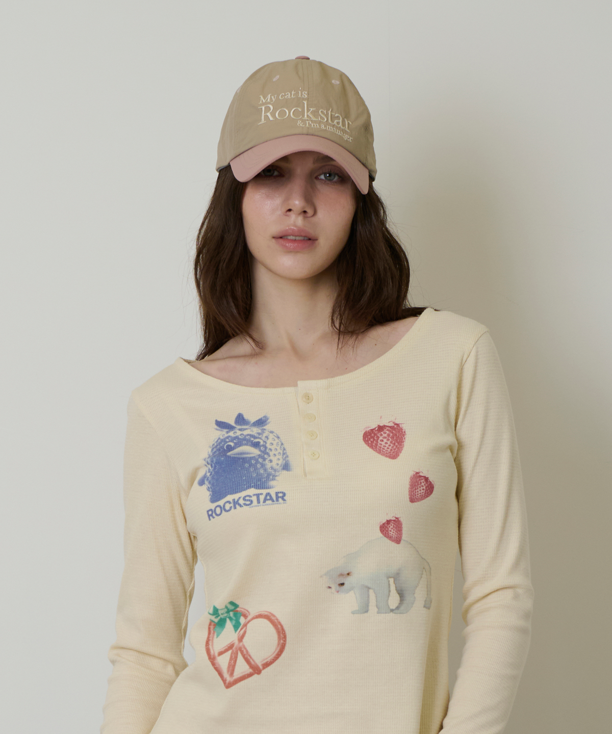 조거쉬(JOEGUSH) Rockstar cat Nylon cap (Beige/Dusty Pink)