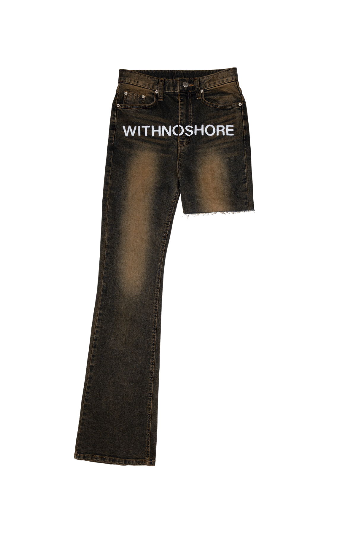 위드노쇼어(WITHNOSHORE) Cut-Off Pixel Label Denim Pants - black