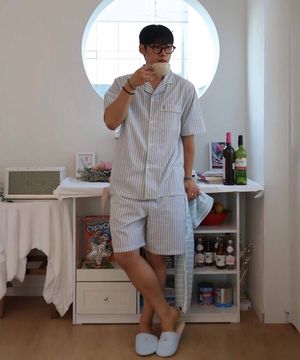 코튼 폴리 스트라이프 반소매 파자마 SET - 블루