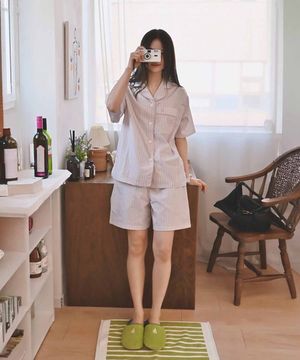 코튼 폴리 스트라이프 반소매 파자마 SET - 라벤더